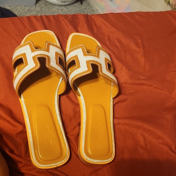 Hermes Shoes - Hermes Orange and White Slide Sandals